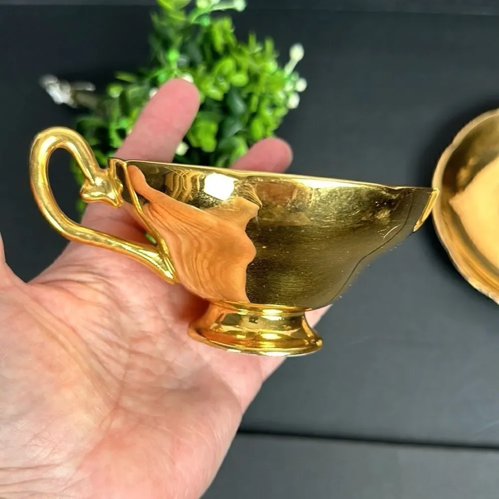 Vintage Taylor & Kent Large Pink Cabbage Rose Tea Cup Saucer Heavy Gold Signed
